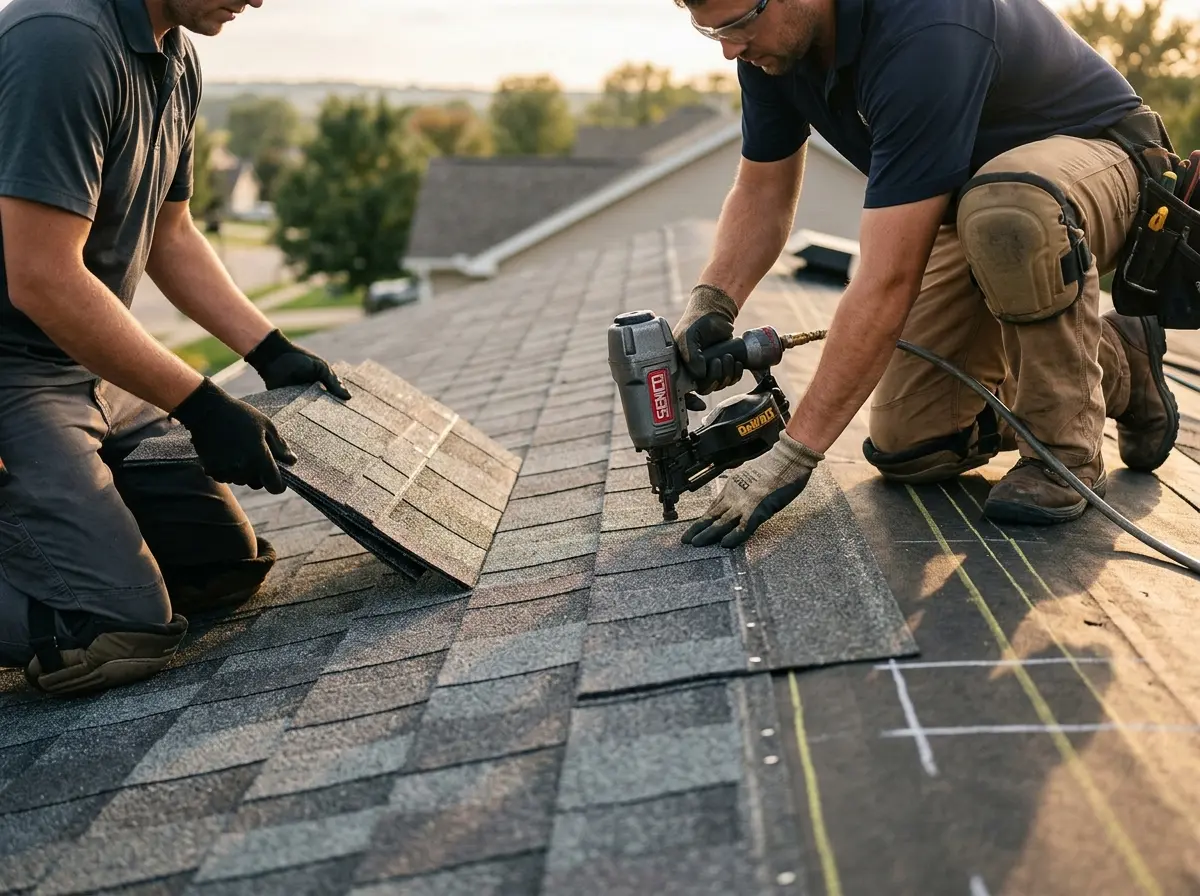 Professional roofer working on a residential roof in Tomah
